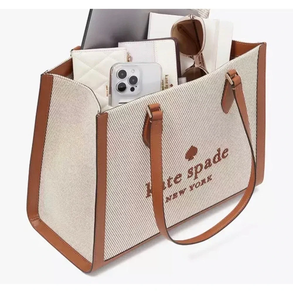 Kate Spade Ellie Large Tote Bag Canvas Brown Leather Shoulder Bag KF508 - Picture 2 of 9